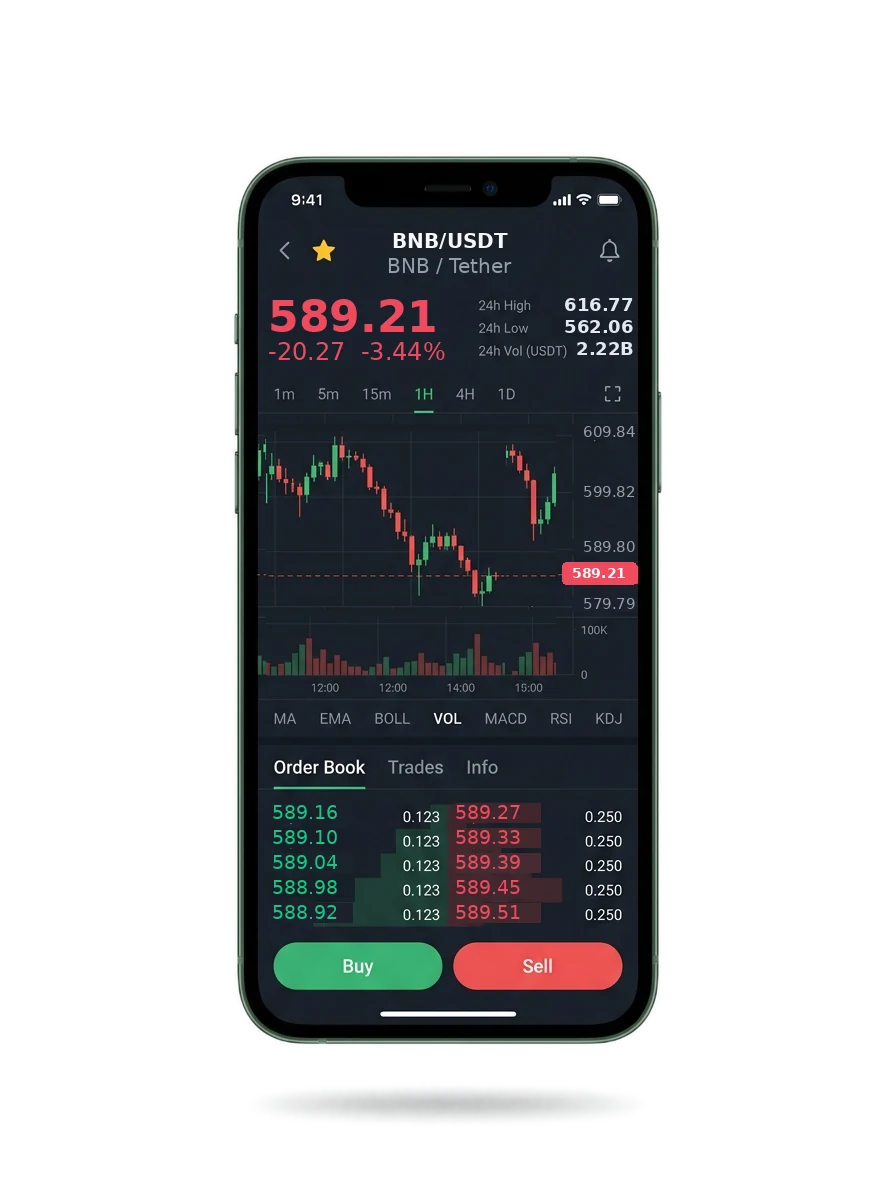ALTARIO VEYRON — BTC/USDT live candlestick chart, order book and one-tap Buy/Sell on mobile